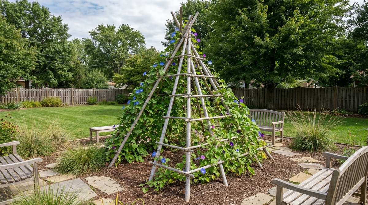 A natural bamboo teepee structure, made from poles lashed together in a conical shape, supporting climbing plants like beans or morning glories. It features a weathered silvery patina, ideal for vintage boho decor in gardens or rental spaces.