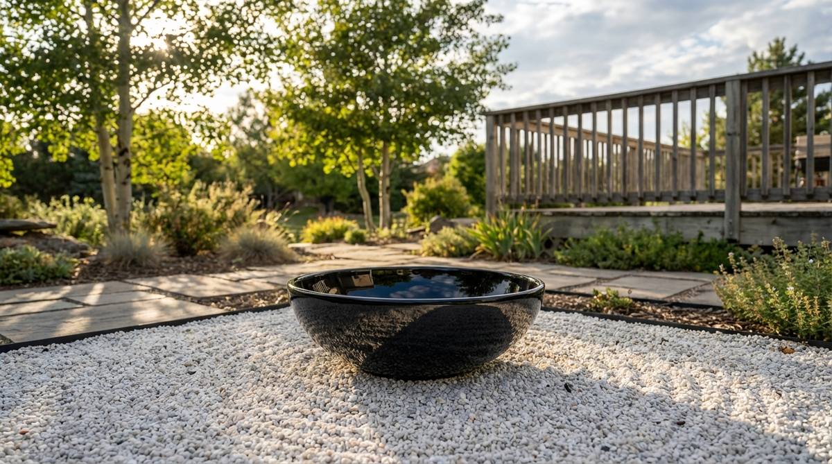 A glossy black lacquered ceramic bowl with a deep shape, creating dramatic contrast against white sand in a zen garden miniature. Features multiple layers for a mirror-like finish, resistant to scratching, and a 12-inch diameter ideal for coffee table displays.