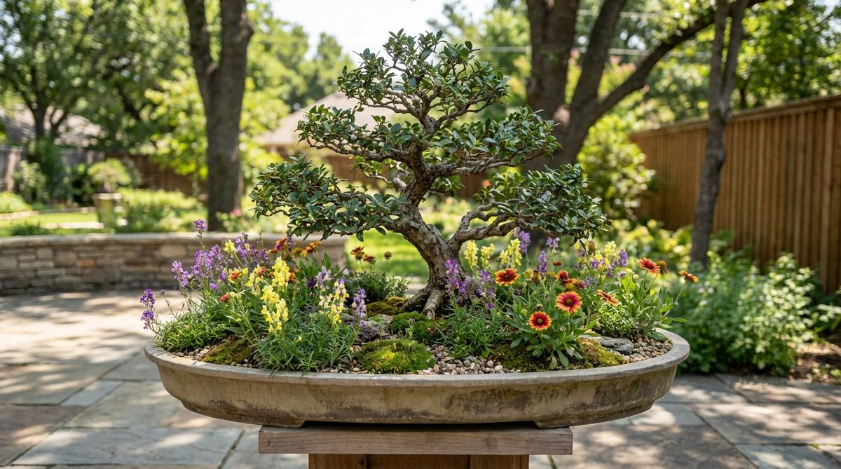 A zen garden bonsai landscape featuring a central bonsai tree surrounded by miniature wildflowers like Linaria and dwarf Gaillardia in a wide tray. The naturalistic meadow-style planting creates balance between the controlled bonsai structure and wildflower elements, with flowers maintained below the tree's lowest branches. Ideal for informal upright or slanting style bonsai compositions.