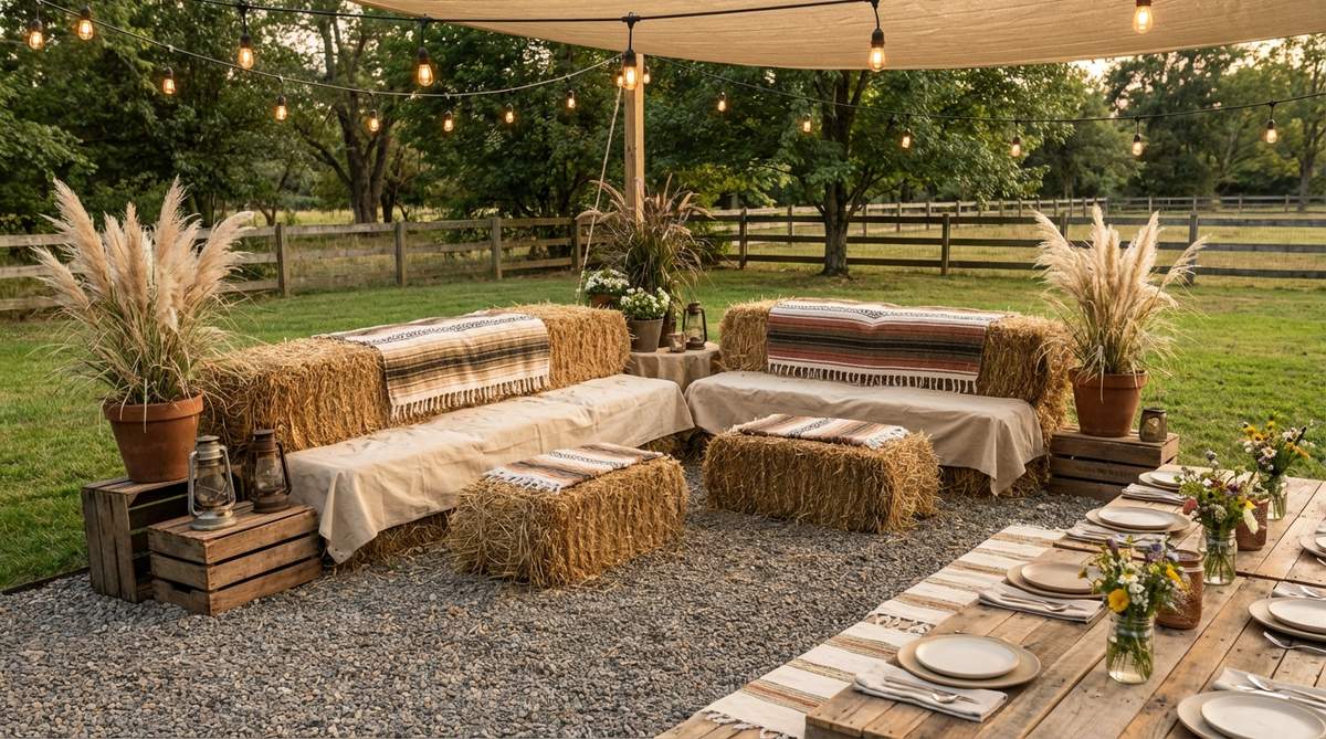 A rustic boho party decoration featuring built-in hay bale benches arranged in L-shapes or linear rows, covered with canvas drop cloths or woven blankets to prevent straw contact. Stacked bales create two-tier seating with footrests, ideal for rural or farm venue celebrations, offering minimal material cost and substantial seating capacity.