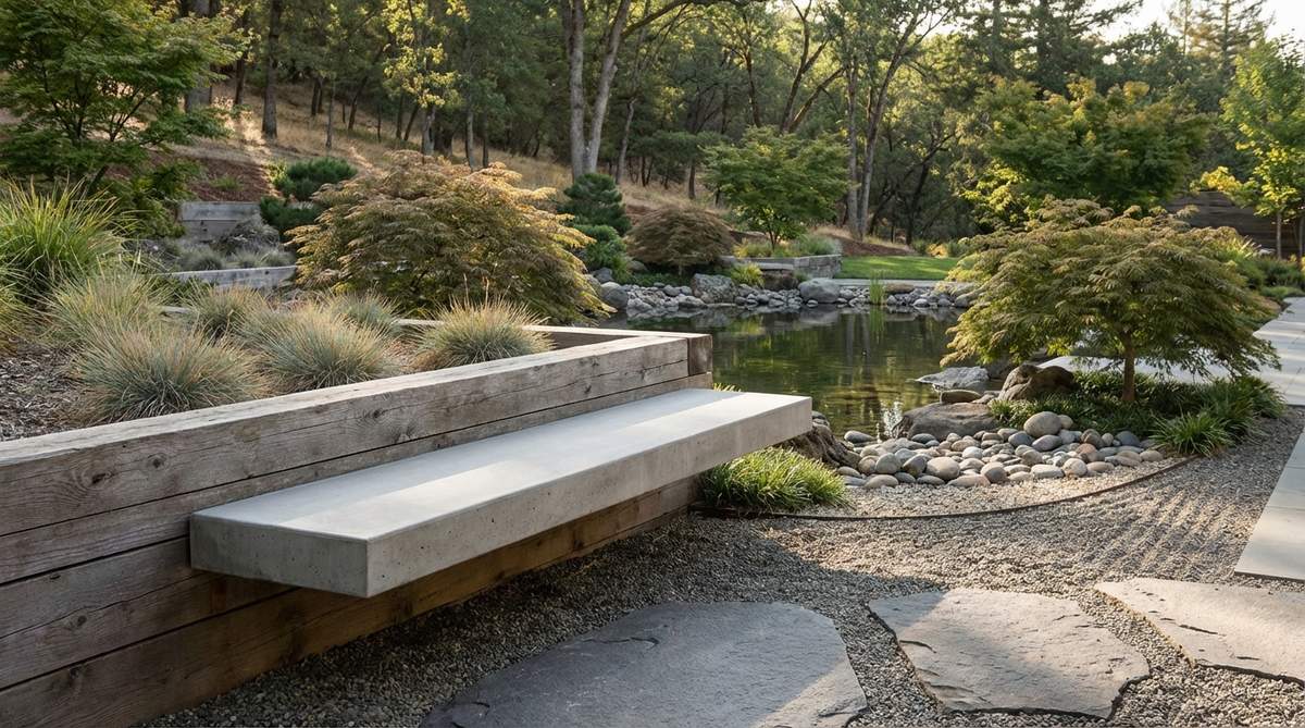 A concrete or wood bench cantilevered from a retaining wall in a modern Japanese garden, providing seating without visible support legs for a floating appearance that maintains clean sightlines. Positioned at key viewing locations facing water features, specimen plantings, or borrowed scenery, this built-in seating eliminates furniture clutter.