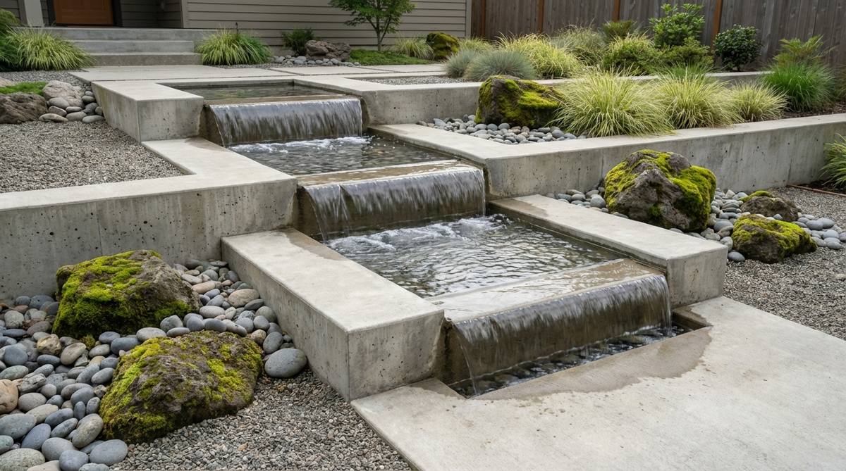 Tiered concrete platforms creating a cascading water feature with 12-inch wide surfaces and 6-inch height drops, designed for smooth sheet flow to generate soothing sounds and visual movement in a modern zen garden setting.