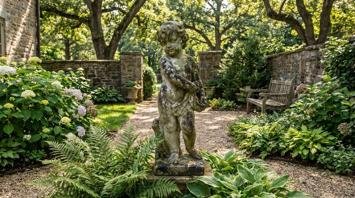 A weathered cast stone statue of a classical figure or cherub placed in a vintage garden, showing aged texture and moss growth. Positioned at a path terminal or emerging from plantings to create a dramatic focal point with museum-quality presence.