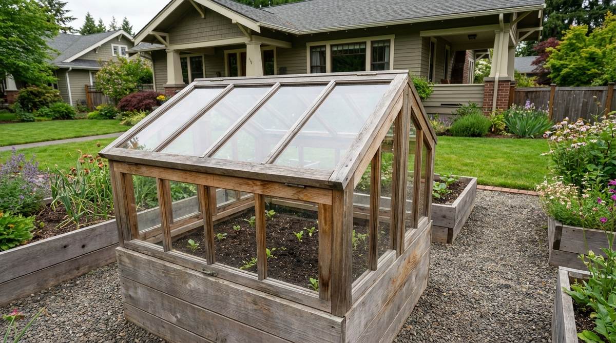 A natural cedar mini greenhouse with hinged cold frame lid, designed for garden beds to start seeds directly where crops will mature. Features rot-resistant construction and superior insulation compared to plastic alternatives.