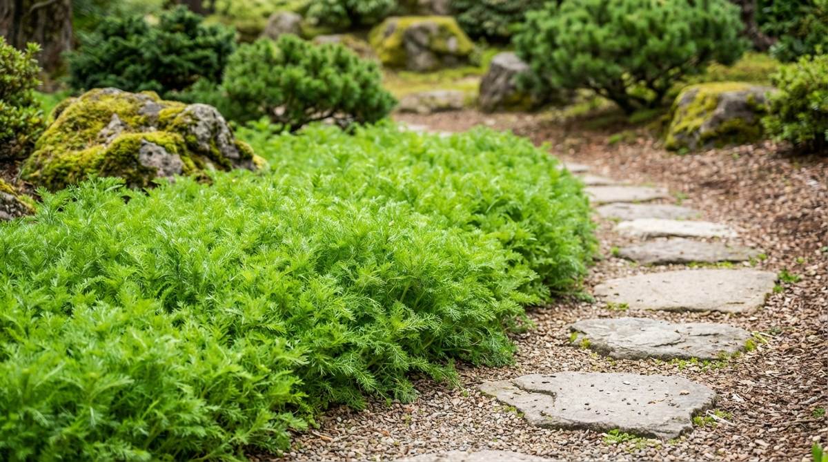 Close-up of Chamaemelum nobile 'Treneague' Roman chamomile with feathery bright green foliage forming dense mats in a Japanese-inspired garden. This dwarf non-flowering variety creates chamomile lawns that withstand light foot traffic, releasing a delicious scent when brushed along pathways.