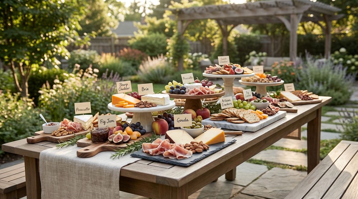 A long outdoor table elegantly dressed with a runner, featuring a charcuterie display with grazing boards and appetizer spreads. Wooden boards, slate tiles, and marble slabs serve as stylish surfaces, with some platters elevated on cake stands for added dimension. Small cards identify cheeses and accompaniments, making this grazing table both a functional food service and decorative element for outdoor events.