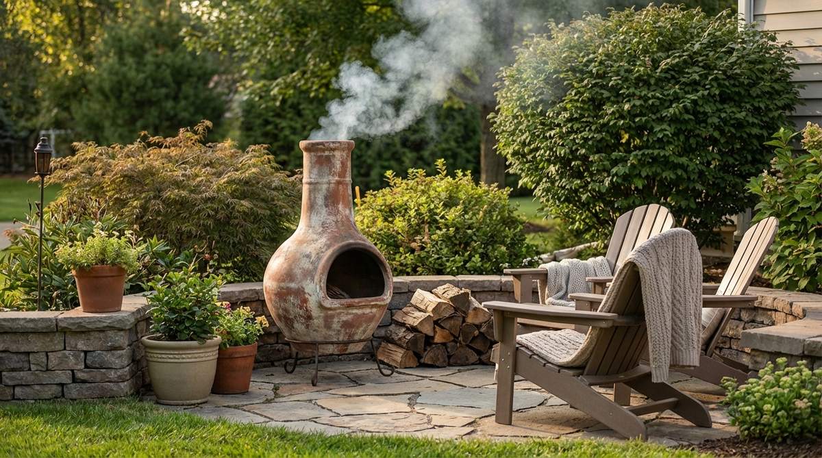 A traditional clay or cast iron chiminea radiating warmth in a cozy garden, with smoke rising from its chimney structure and minimal floor space usage.