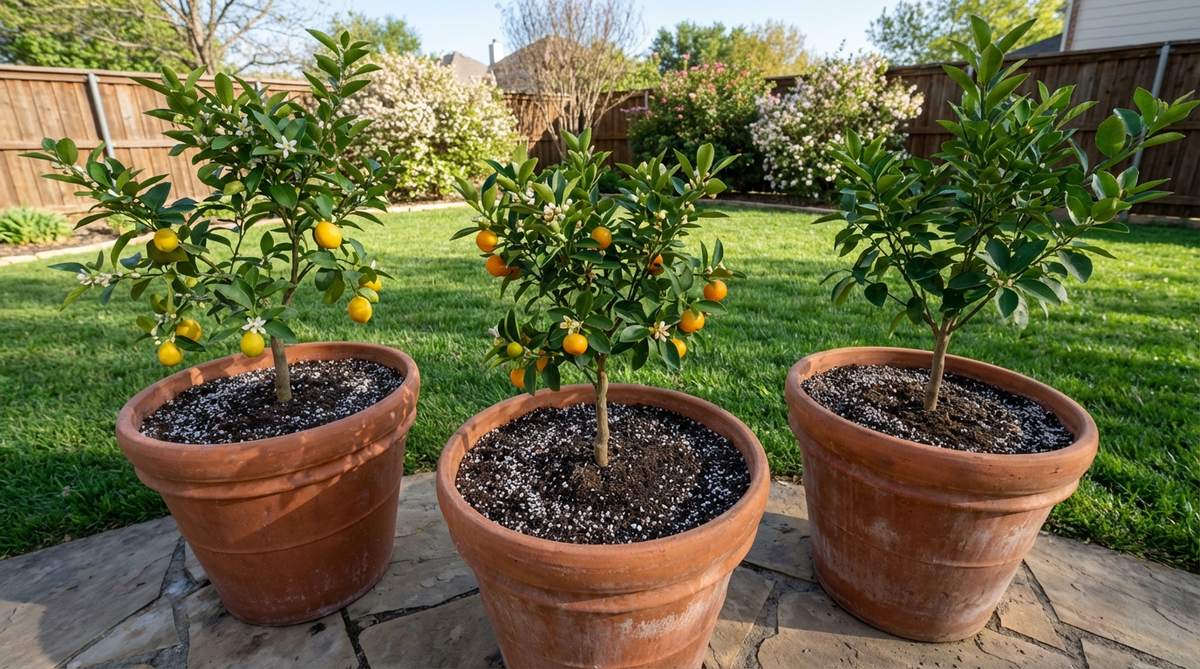 Three dwarf citrus trees, including Meyer lemon and calamondin varieties, arranged in terra cotta pots to create a portable grove for spring outdoor decor. The trees feature fragrant blooms and edible fruit, with lightweight potting mix and perlite for optimal drainage. Ideal for container gardening with quarterly rotation for even sun exposure.