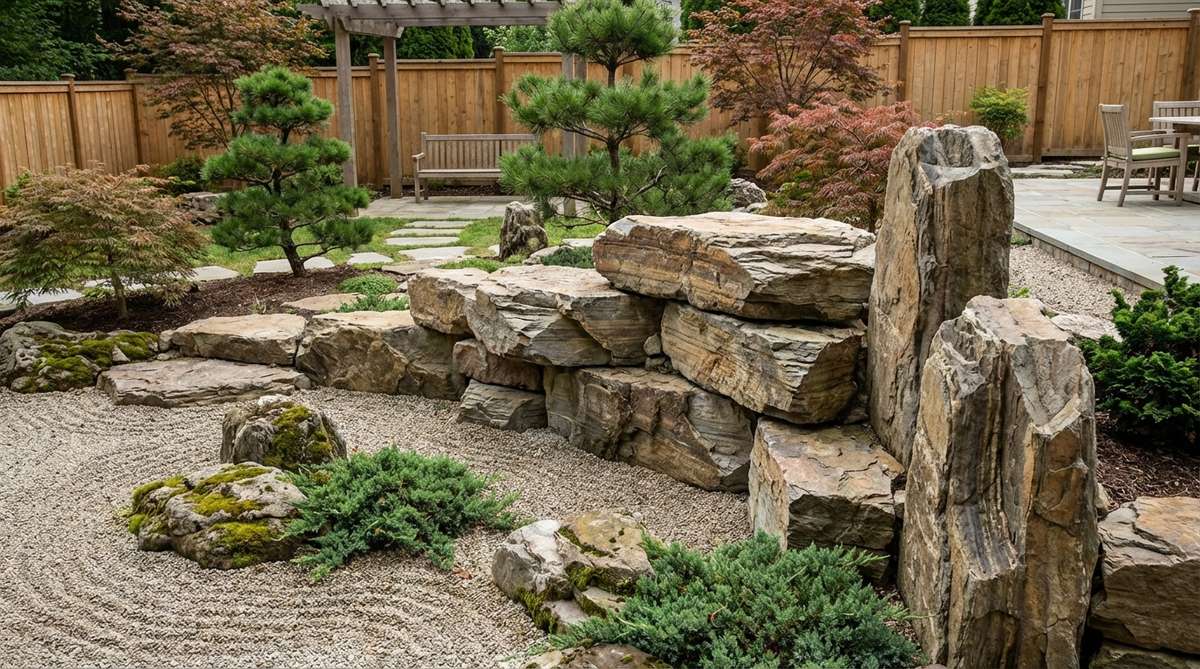 A dramatic vertical stone arrangement in a Japanese Zen garden, featuring stacked flat stones that create a cliff-like effect with visible geological strata. This carefully engineered rock placement adds powerful visual impact and evokes mountain wilderness in miniature scale, demonstrating traditional stone-setting techniques for stability and aesthetic harmony.