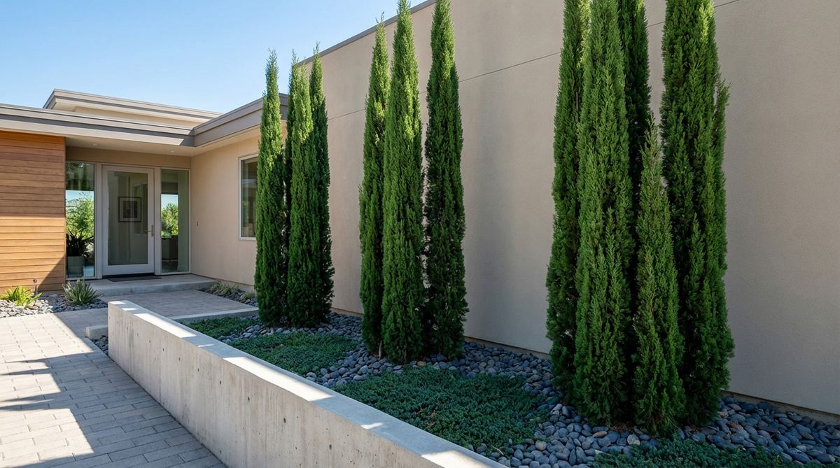 A modern front yard garden featuring a grove of narrow columnar trees, such as Italian cypress, Sky Pencil holly, or columnar oak, arranged in groupings of three to five to create vertical emphasis and upward thrust. The design consumes minimal ground area, with underplanting of low groundcovers or gravel for simplicity, ideal for narrow lots or side yards to frame entries or property lines effectively.