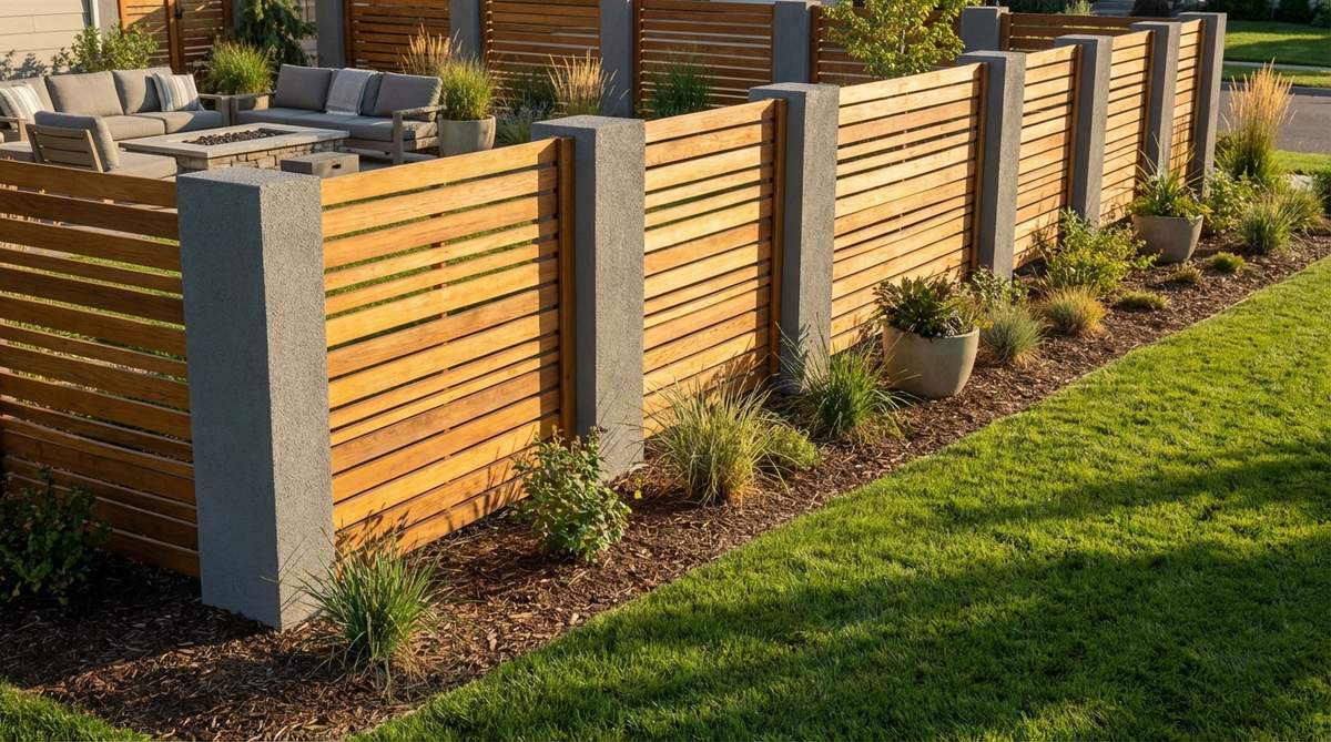 A modern garden fence featuring concrete posts supporting horizontal wood slats in alternating patterns, creating a material contrast that adds warmth to garden boundaries while controlling sightlines and airflow.
