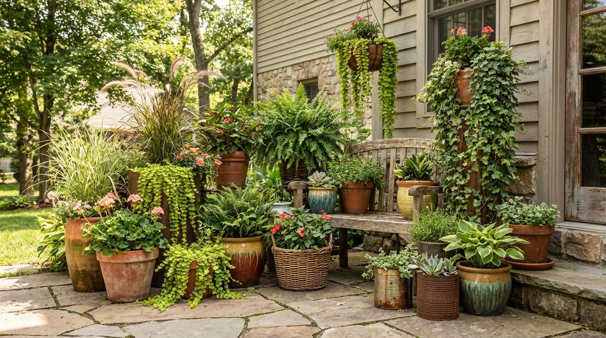 A vibrant boho-style container garden cluster featuring massed potted plants in diverse containers such as terracotta, glazed ceramics, baskets, and vintage tins. The arrangement includes varied heights and textures, with trailing, upright, and bushy plants creating lush abundance. Grouped in corners or flanking entrances, this flexible gardening solution adds essential greenery without permanent beds.