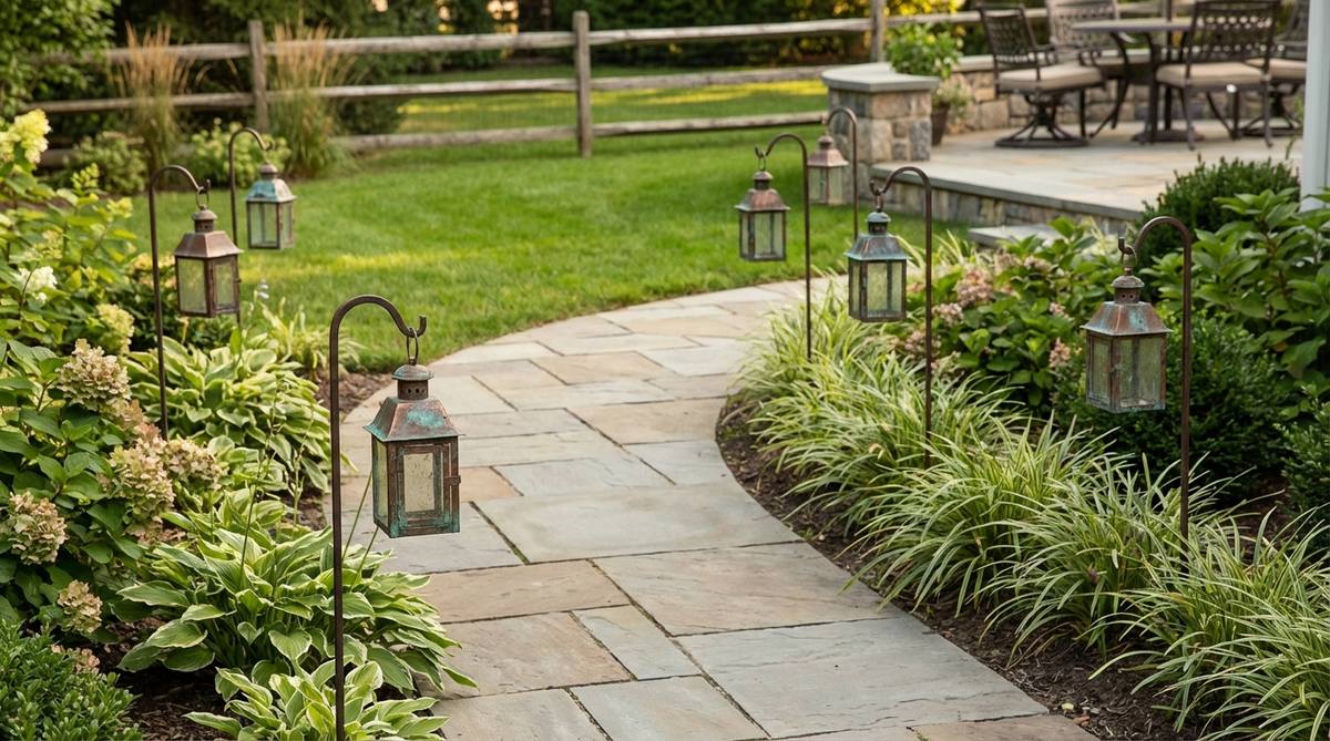 Miniature copper lanterns mounted on garden stakes for pathway lighting. Features natural oxidation that develops a green patina over time or lacquered finishes for lasting metallic appearance. Ideal for border plantings and landscape edging in outdoor decor.