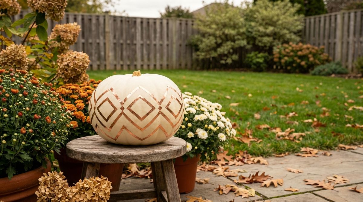 A white pumpkin decorated with thin copper tape in geometric patterns, such as stripes, triangles, or abstract angular designs, adding warm metallic tones and a contemporary edge to boho Halloween decorations.
