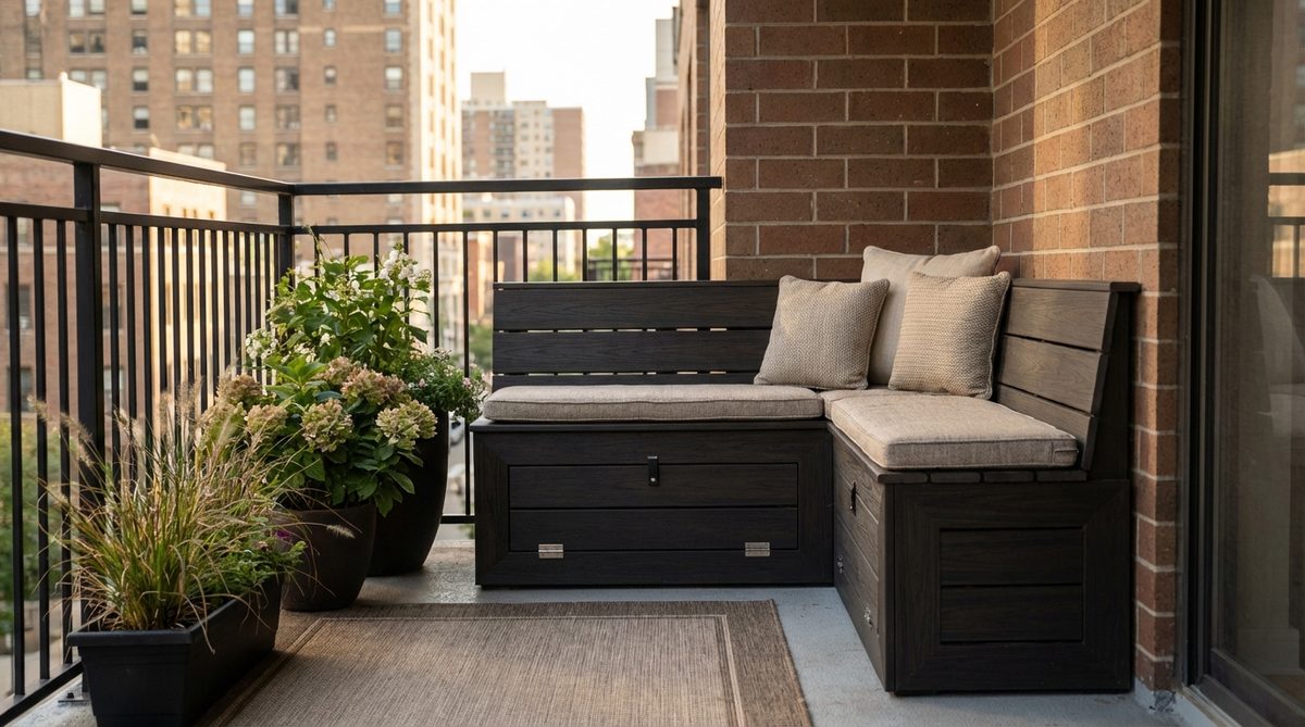 An L-shaped corner bench seating unit measuring 36x36 inches, made from weather-resistant wood or synthetic lumber with optional storage compartments underneath. This space-saving furniture maximizes corner real estate on urban balconies, creating a cozy nook for reading or conversation while leaving center floor space open.