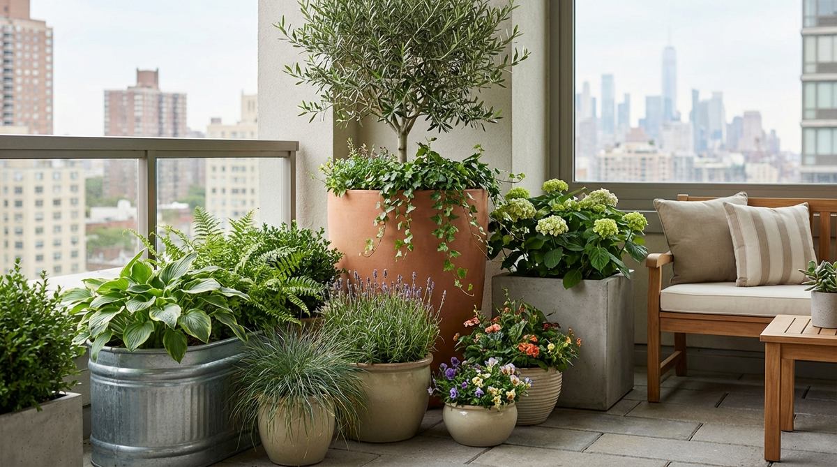 A lush focal point created by concentrating multiple containers in one corner of an urban balcony garden. Shows 5-7 containers of varying heights arranged in a triangular formation, with the tallest at the back corner and progressively shorter pots toward the open space. This intentional asymmetric arrangement maximizes visual impact while leaving the remaining balcony open for flexible furniture placement.
