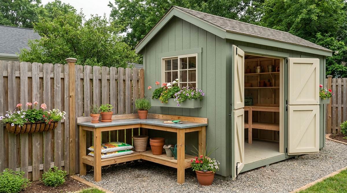 A cozy garden shed featuring an L-shaped corner potting nook tucked into fence intersections, with Dutch doors for ventilation, window boxes for additional growing space, and painted to visually integrate with adjacent fencing.