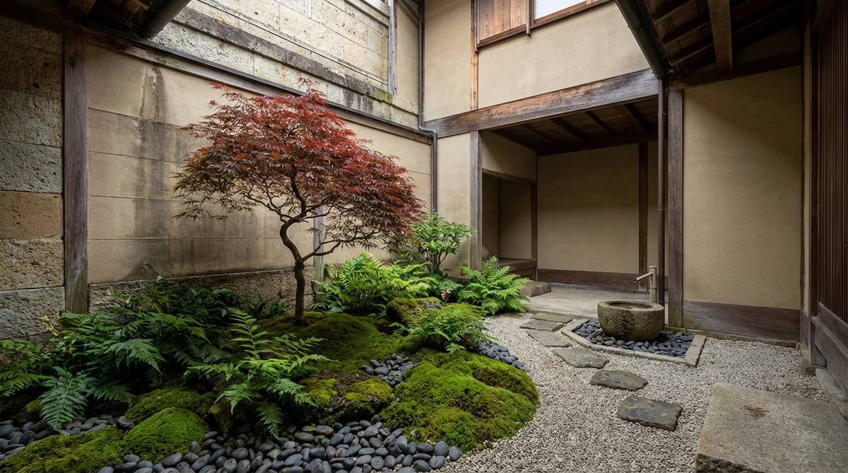A small enclosed courtyard garden (tsubo-niwa) in a Japanese garden setting, featuring a minimalist design with a single maple tree, ferns, and moss, set between building wings with high walls to create vertical drama and intimacy.