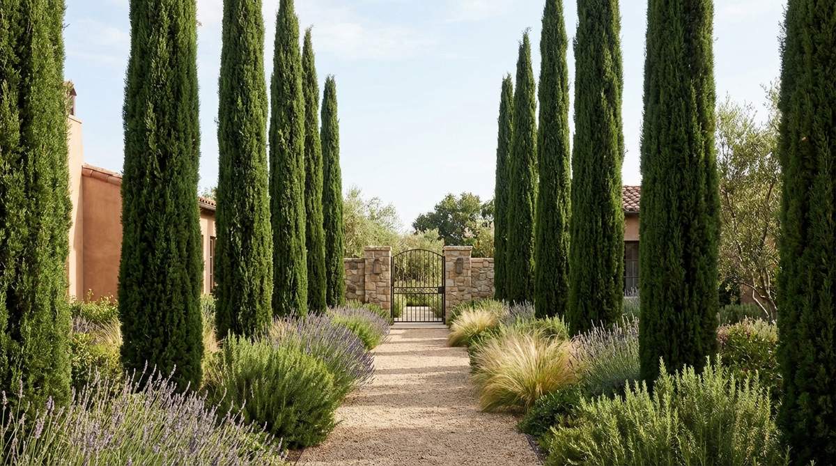 A formal Mediterranean garden entrance featuring paired Italian cypress trees lining a driveway or pathway. The columnar evergreen trees create dramatic vertical accents that frame views while requiring minimal width. The trees are spaced 6-8 feet apart on both sides, demonstrating drought-tolerant landscaping with no pruning needed to maintain their narrow form.