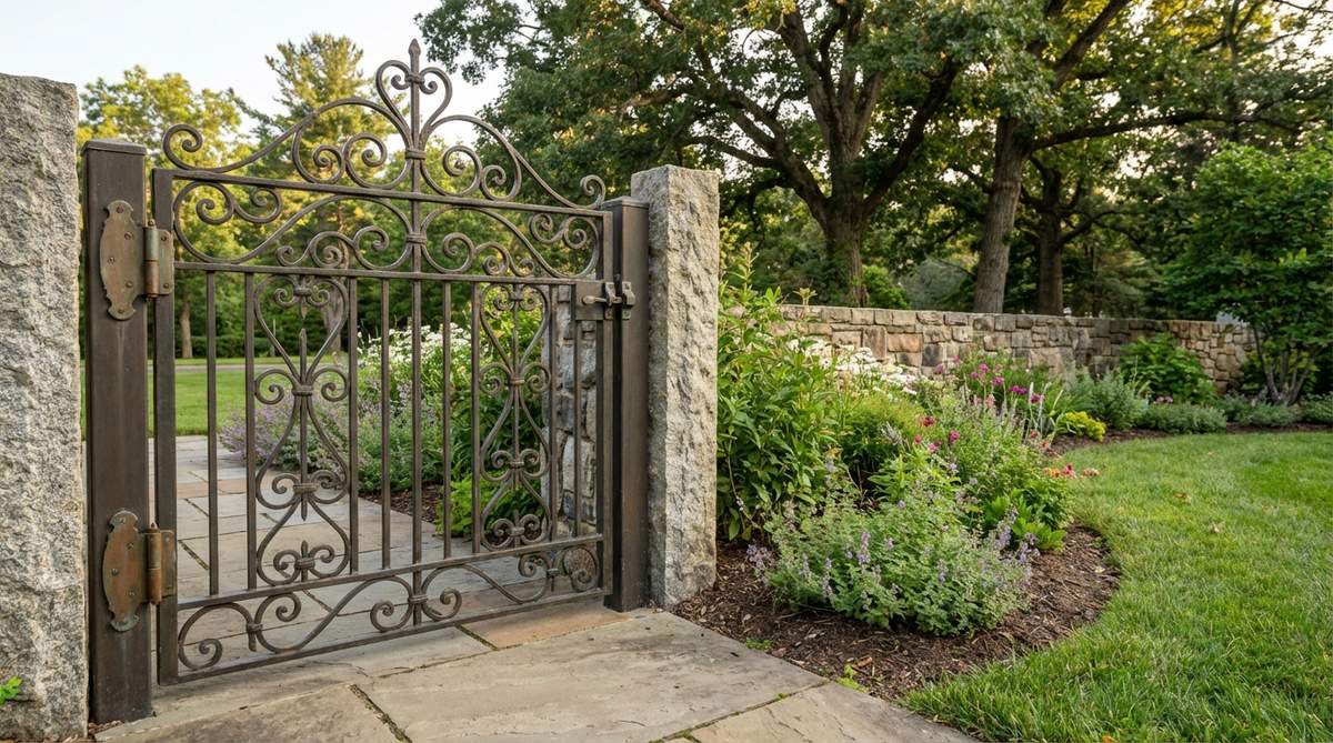 A decorative iron garden gate, showcasing ornamental ironwork in traditional or contemporary patterns, used to add formality, control access, and mark transitions between garden sections. Installed on substantial posts with quality hinges and latches for stability and smooth operation.