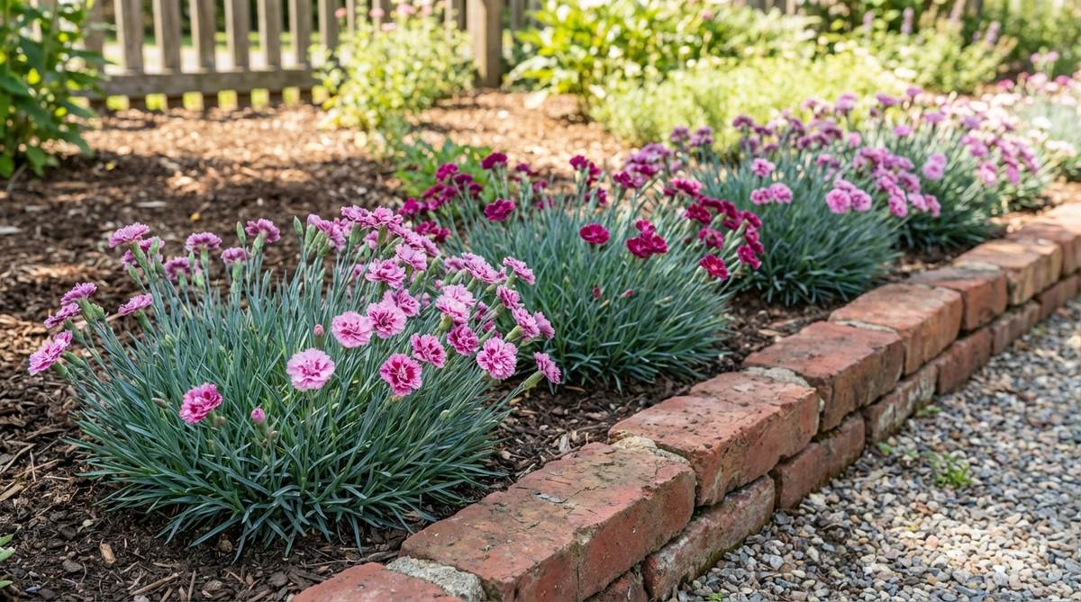 A close-up image of Dianthus Cottage Pink plants with spicy-scented blooms and blue-gray evergreen foliage, forming tidy mounds along a brick garden border in full sun. The brick edge helps elevate soil temperature, extending the bloom period in spring and fall, creating a classic cottage garden aesthetic with minimal maintenance.