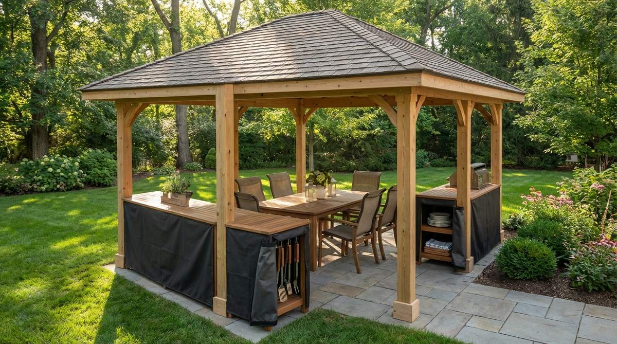 A 10x10 foot outdoor dining gazebo with integrated storage cabinets, perfect for small gardens. Features weather-resistant storage skirts that hold grilling tools, serving dishes, and table linens while accommodating six to eight diners comfortably.