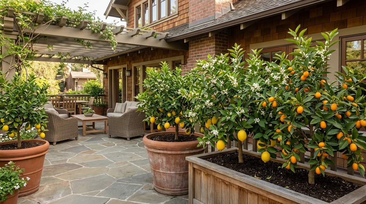 A decorative balcony arrangement featuring dwarf Meyer lemon and kumquat trees in large containers, showing fragrant blossoms and colorful fruit in a sunny location with well-draining acidic soil.