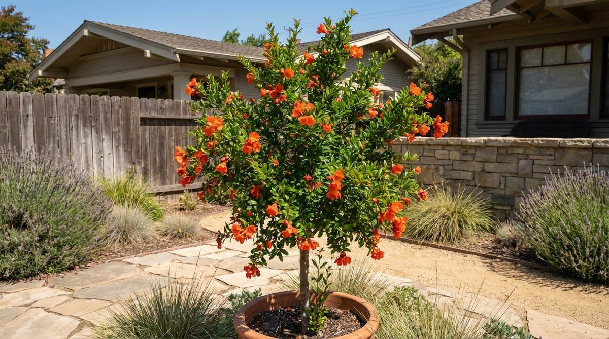 A dwarf pomegranate tree with bright orange flowers and glossy green leaves, showcasing its compact size of 3–6 feet tall, ideal for small gardens or containers in hot, dry conditions.