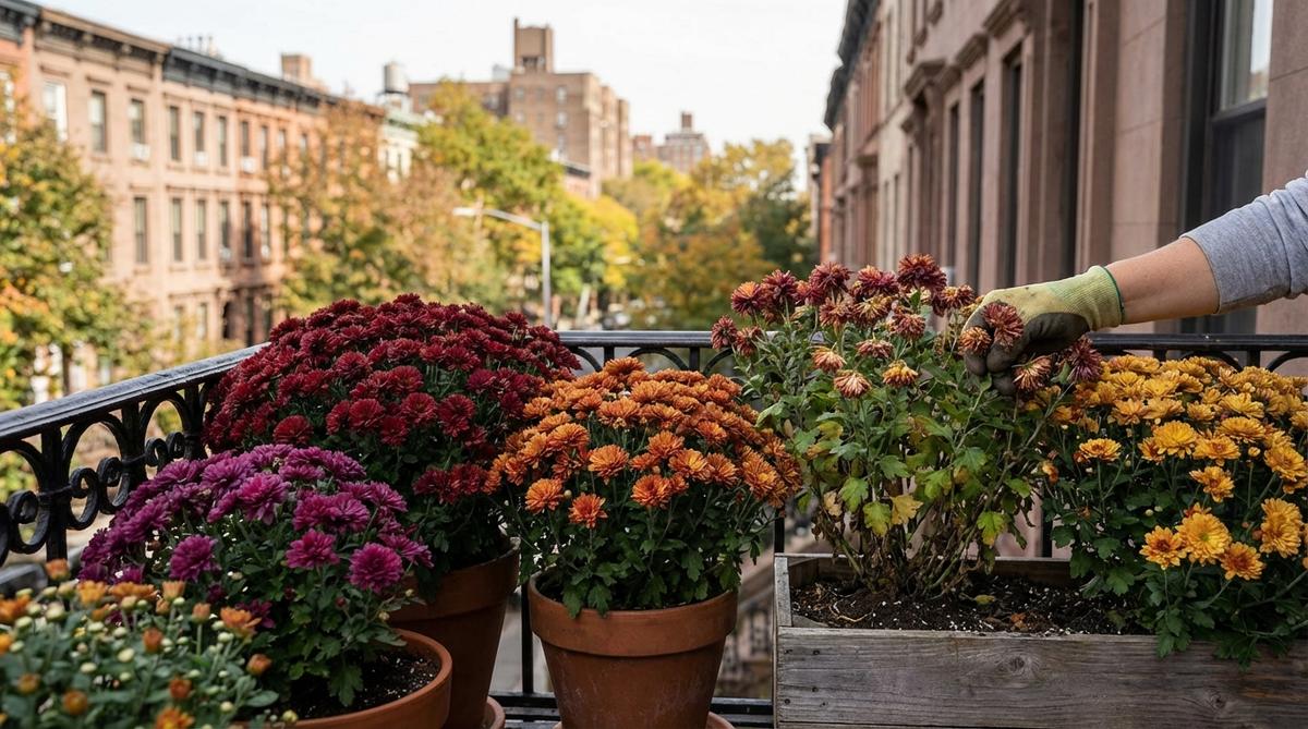 Hardy garden chrysanthemums in burgundy, gold, bronze, and purple colors blooming in containers on a New York City balcony. The image shows mums planted 12 inches apart with spent flowers being pinched to prolong the display, demonstrating how to extend fall color in urban balcony gardens.