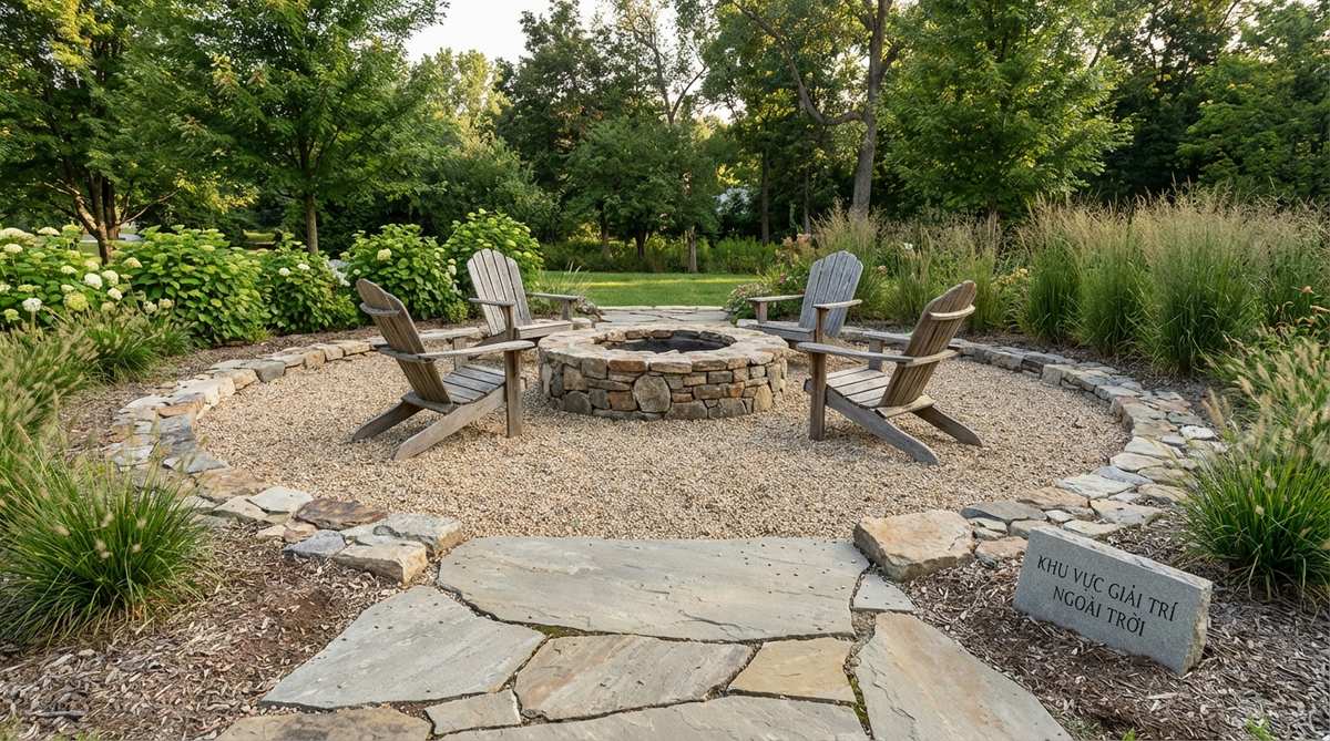 A gravel ring surrounding a fire pit in a garden path, showing crushed stone providing non-flammable clearance and stable seating area with fieldstone edging defining the entertainment zone.