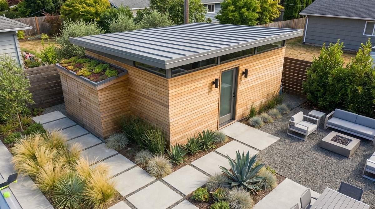 A modern garden shed with a flat roof minimalist profile, featuring clean horizontal lines and geometric volumes characteristic of modernist architecture. The level roofline maximizes interior headroom while providing a sleek appearance that complements contemporary landscapes with architectural plantings. The design allows for reliable waterproofing with EPDM rubber or standing seam metal, and can accommodate green roof installations or rooftop storage space.