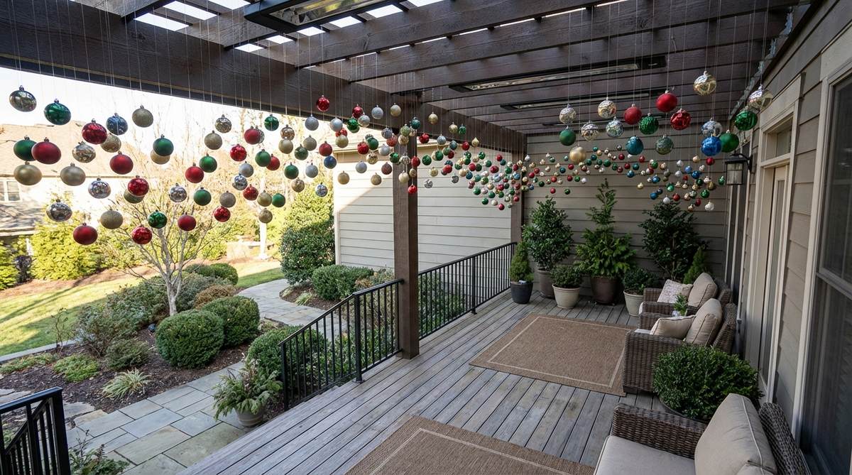 A creative Christmas balcony decoration featuring individual ornaments suspended at varied heights using clear fishing line to create a floating effect. Shows lightweight shatterproof ornaments arranged in color gradients or random patterns, hanging from ceiling hooks or existing light fixtures with lines cut to different lengths between twelve and thirty-six inches. Perfect for creating structured or organic visual flow in balcony decor.
