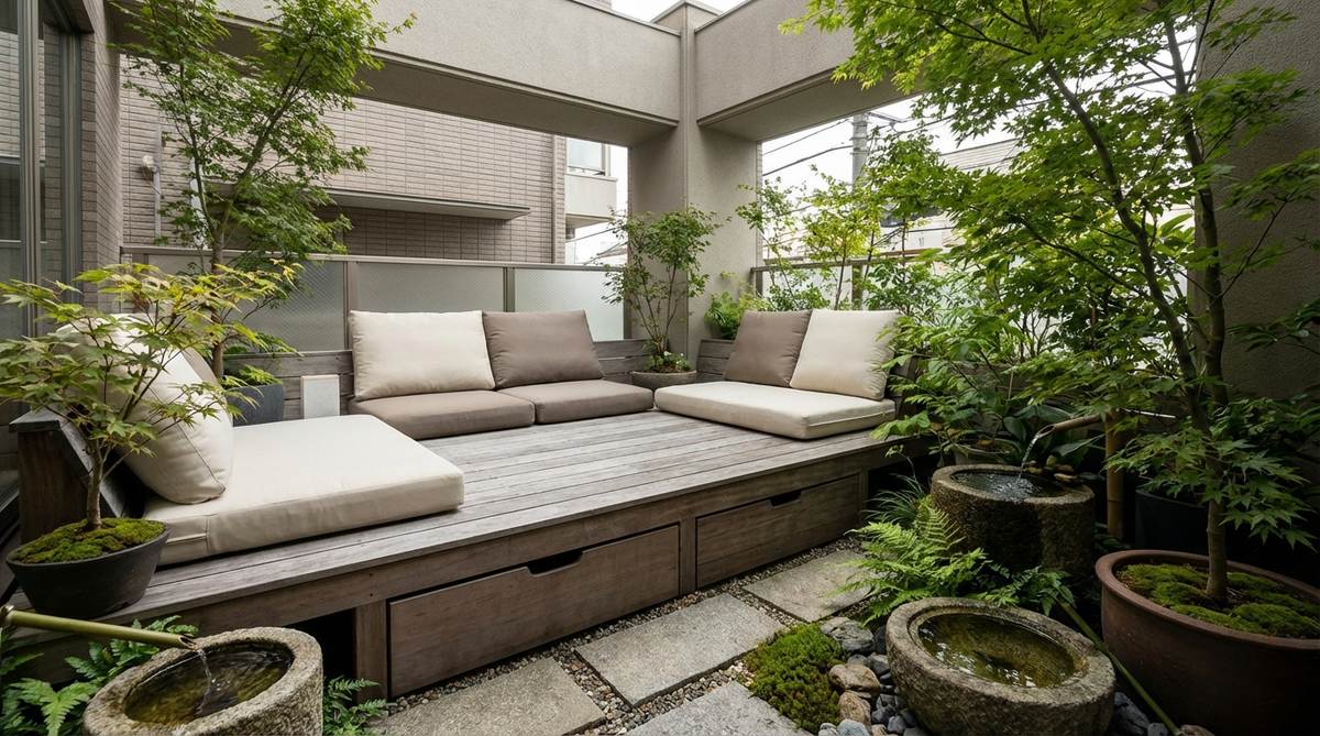 A raised wooden platform with outdoor cushions for floor-level seating in a Japanese balcony garden, featuring weather-resistant cushions in neutral tones and storage underneath, designed to encourage meditation and connection with ground-level plantings.