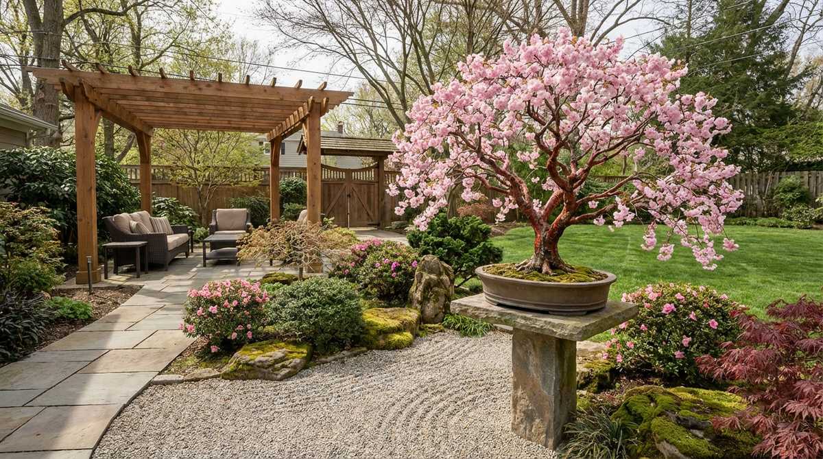 A stunning Prunus serrulata bonsai specimen in full spring bloom with delicate pink flowers, showcasing the iconic Japanese garden aesthetic. The image captures the glossy reddish bark and precise timing of peak flowering as described in the article about Japanese garden bonsai.