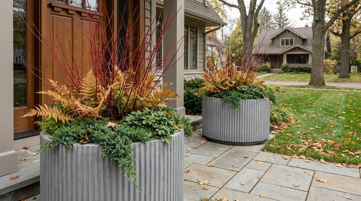 Modern fluted concrete planters in large scale, planted with winter-hardy ferns, red twig dogwood, and evergreen ground covers. The architectural containers provide weight at entryways with textured autumn ferns contrasting against smooth concrete surfaces.