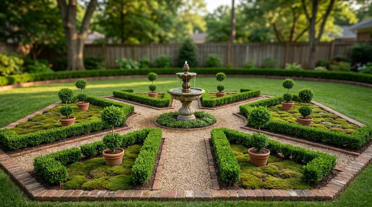 A miniature garden decor featuring a small decorative fountain as the central feature with symmetrical paths radiating outward, surrounded by identical plants at regular intervals and manicured moss or ground cover, referencing European plaza traditions and grand estate gardens for a formal structure.