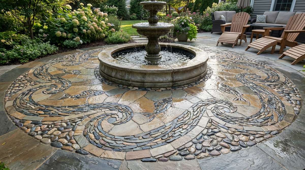 A stone mosaic surrounding a garden fountain or pool, featuring wave patterns, aquatic motifs, or concentric designs that complement water features. The artwork uses non-porous, slip-resistant stones suitable for wet environments and is sealed for moisture protection.