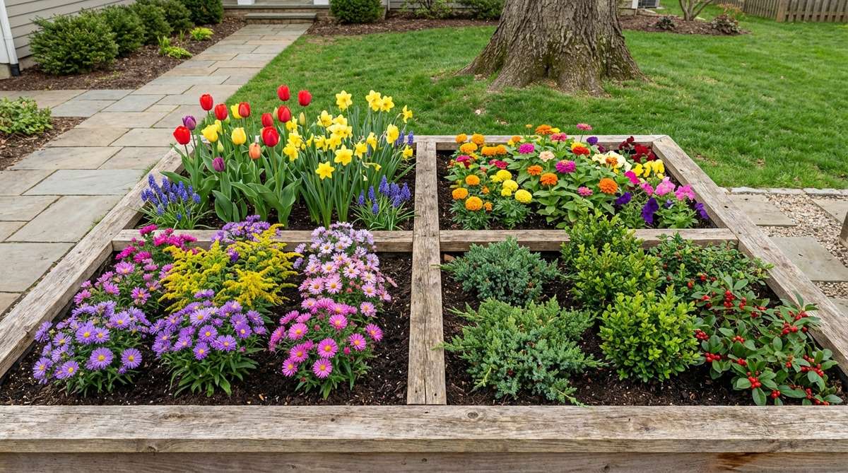 A raised garden bed divided into four quadrants, each showcasing flowers that peak in a different season: spring bulbs, summer annuals, fall asters, and evergreen winter interest, providing year-round color and pollinator food.