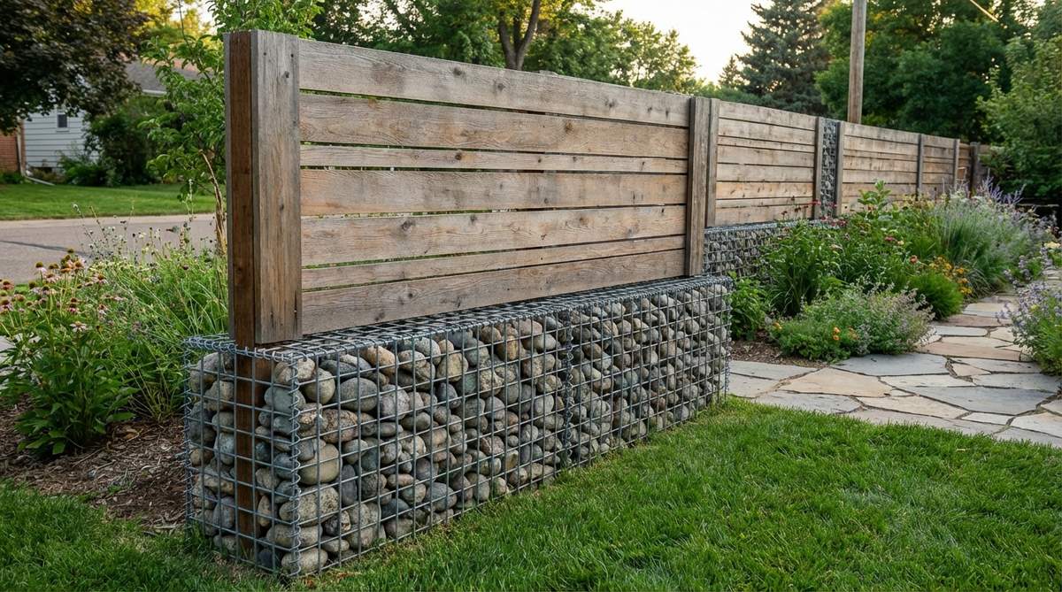 A small garden fence featuring gabion baskets filled with stone at the base, topped with wood panels. This combination provides structural stability, excellent drainage, and sound dampening while creating visual interest with mixed materials.
