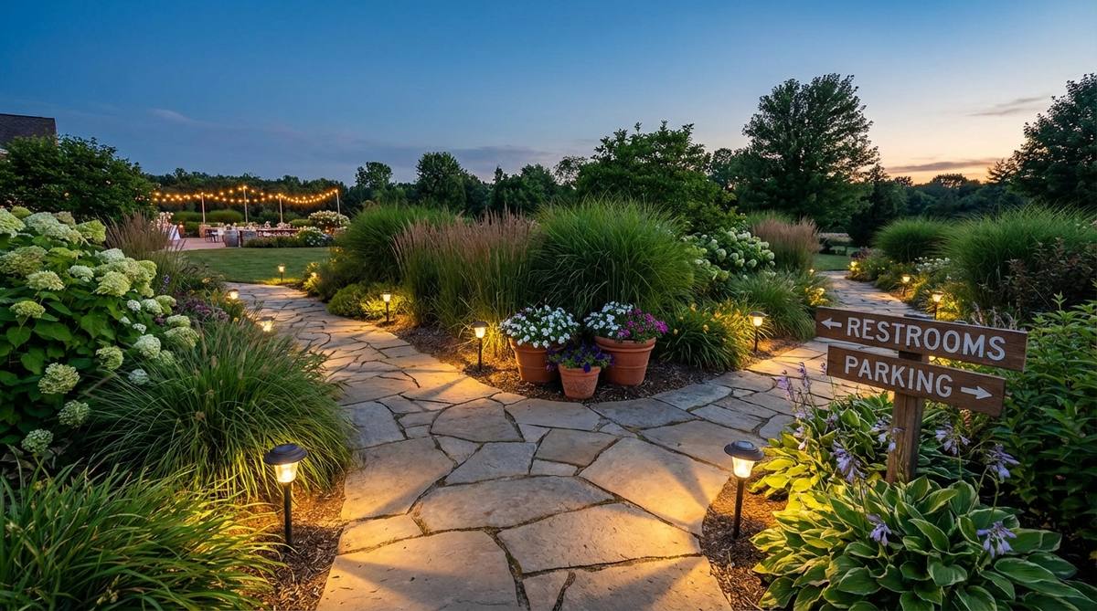 An illuminated garden pathway with solar stake lights guiding guests from wedding reception areas to facilities like restrooms or parking zones, featuring potted plants and clear signage for safety and decoration.
