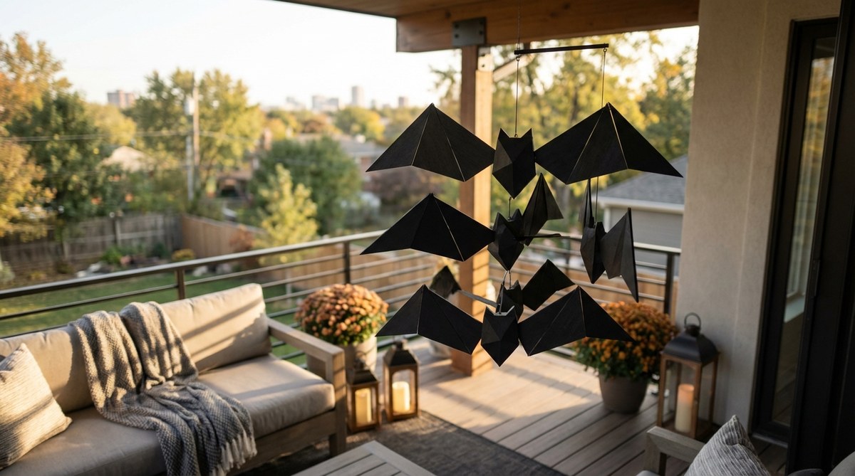Modern Halloween balcony decor featuring a geometric bat mobile with triangular wings and angular bodies made from black paper or balsa wood. This kinetic sculpture rotates slowly, casting shifting shadows and serving as an art installation for design-forward spaces.