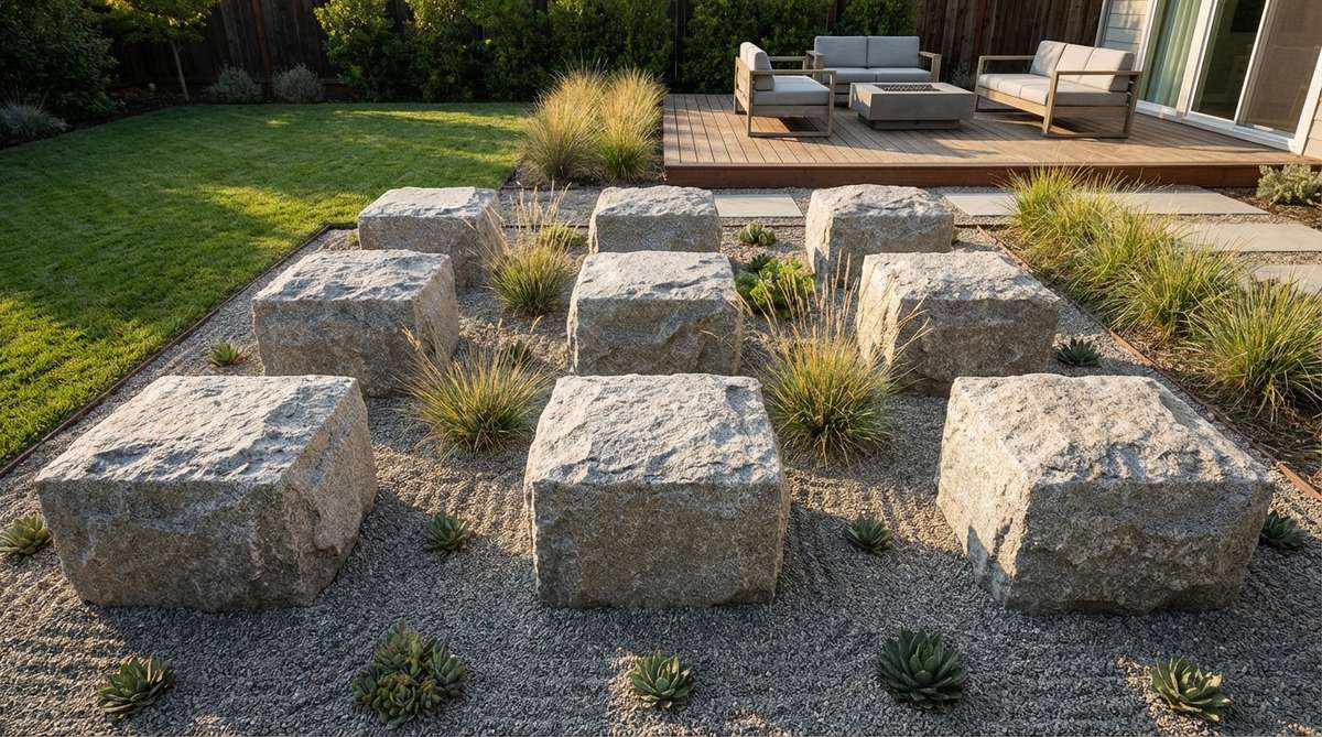 A contemporary zen garden installation featuring nine identical boulders arranged in a precise 3x3 grid pattern. This modern design breaks traditional asymmetry rules by creating stark geometric order with uniformly sized stones spaced exactly equidistant, exploring the tension between natural materials and imposed structure.