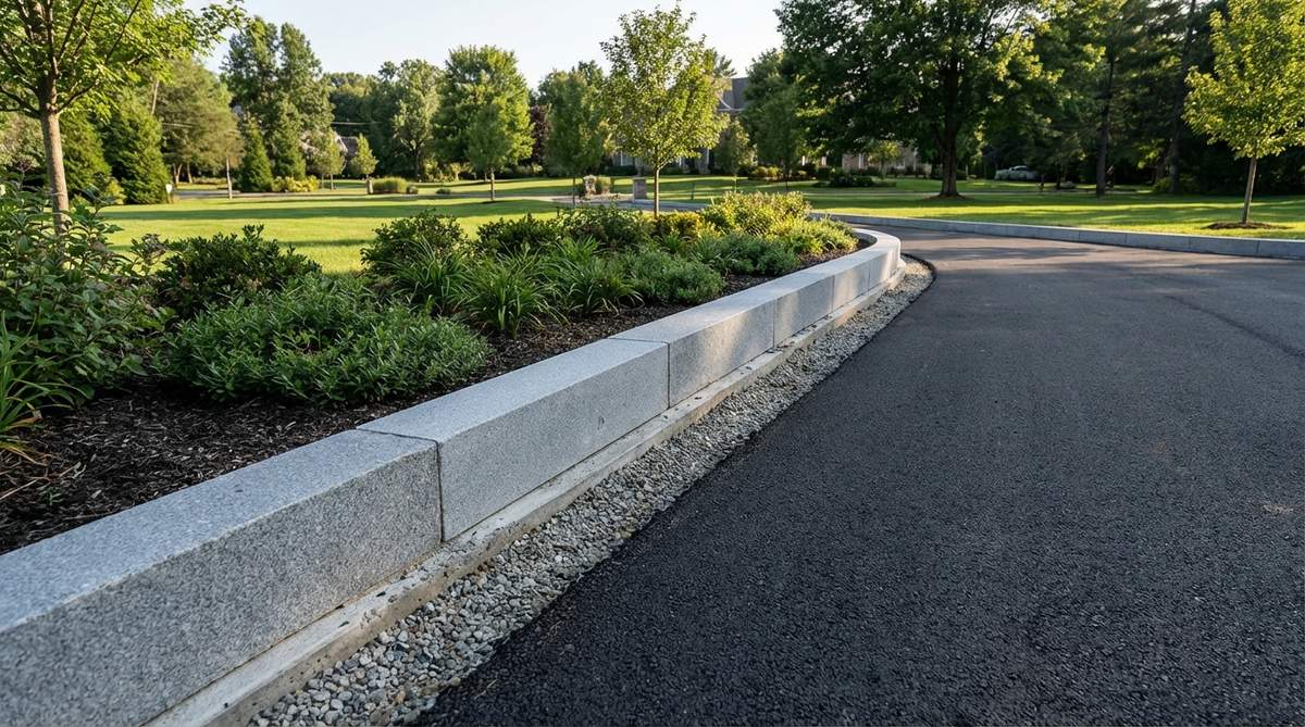 Professional installation of granite curb edging showing robust 6x18 or 6x24 inch granite curbs creating permanent borders for driveways and high-traffic garden areas. The image demonstrates machine-cut faces with consistent profiles, tight joints, and proper installation with gravel base and concrete footing, highlighting this zero-maintenance, 50+ year lifespan edging solution suitable for commercial, municipal, and high-end residential projects.