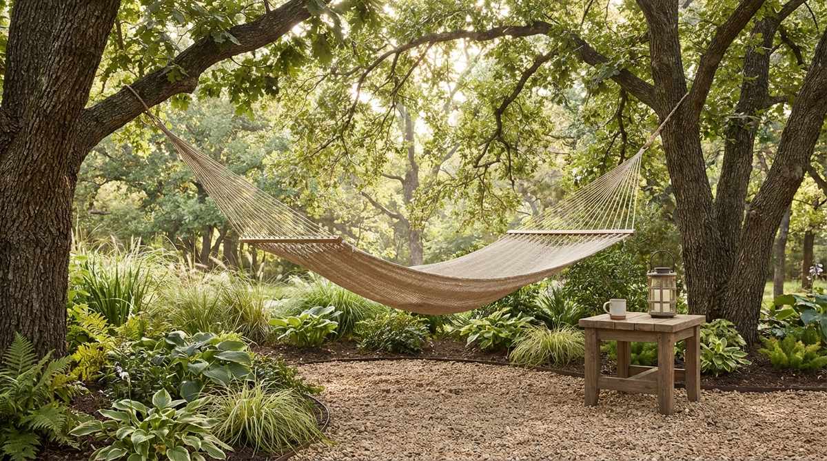 A serene garden hammock nook suspended between two trees or posts, with soft light filtering through overhead branches, surrounded by shade-tolerant plants or gravel for easy maintenance and minimal furnishing.