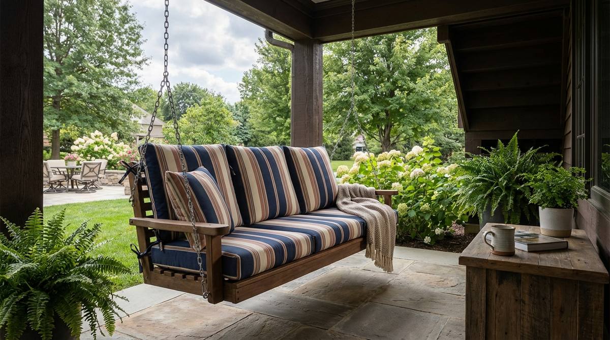 Weather-resistant striped cushions with ties on a porch swing, creating a comfortable lounging area for summer relaxation and afternoon naps.