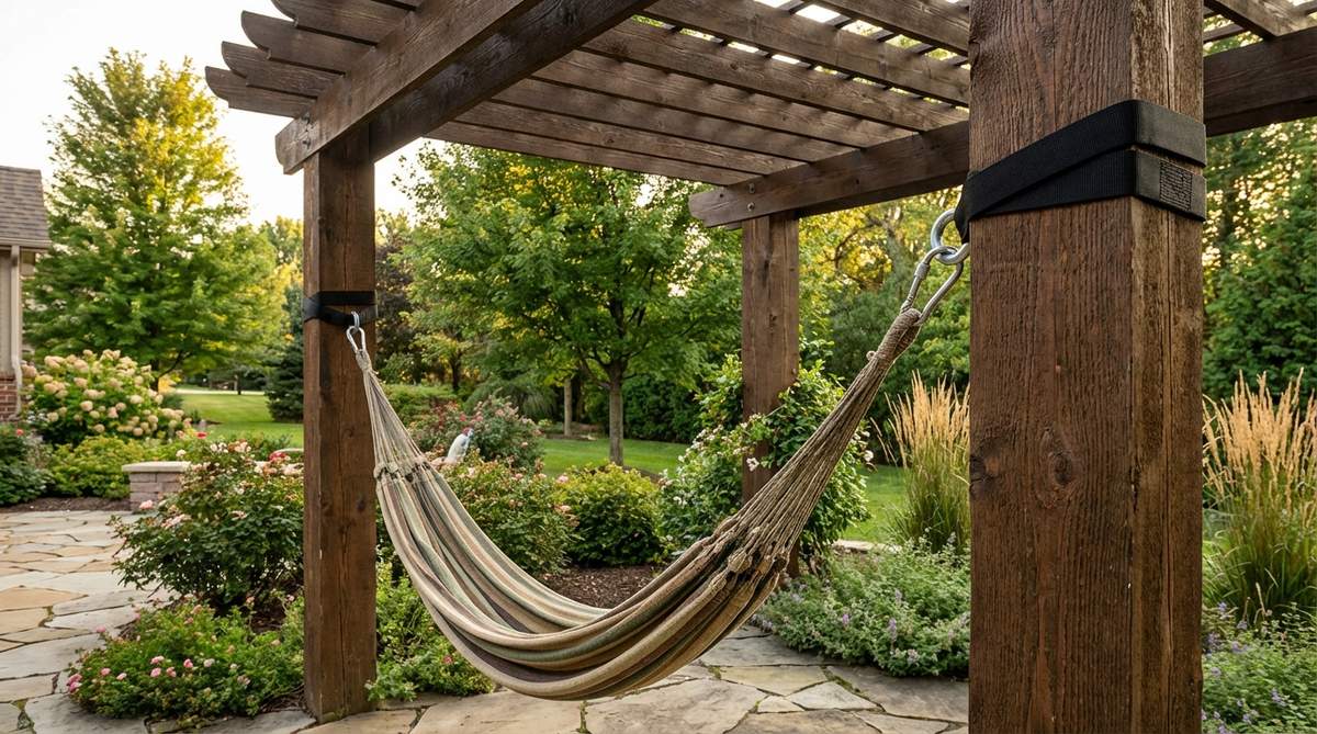 A Brazilian-style hammock suspended between sturdy pergola posts in a garden setting, showing proper installation with tree-saver straps and eye bolts for safe relaxation zones.