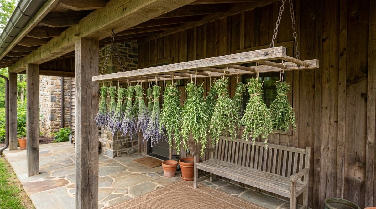 A wooden or metal herb drying rack suspended from eaves, showing bundles of harvested herbs hanging to dry. The functional outdoor decor adds farmhouse authenticity while providing good airflow for curing herbs. Dried aromatic bundles release fragrance and remain accessible for culinary use.