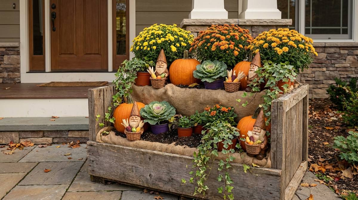 A rustic wooden crate filled with autumn decorations, including pumpkins, mums, and mini garden gnomes holding harvest baskets, ideal for front steps, porches, or barn-style doors. The setup features layered potting mix with seasonal flowers for easy swapping and height variations with tall mums, trailing vines, and small gourds, creating a warm, movable display perfect for events or photo backdrops.