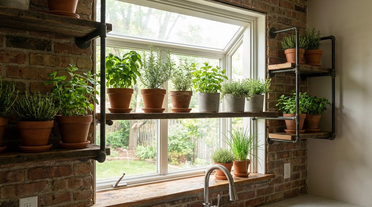 A functional herb garden displayed on industrial pipe shelving in a kitchen area, featuring small potted herbs in simple terracotta or concrete containers. This industrial boho decor element combines practical gardening with utilitarian design, providing fresh ingredients while adding greenery to the space. The herbs are positioned near a window to receive adequate natural light for healthy growth.