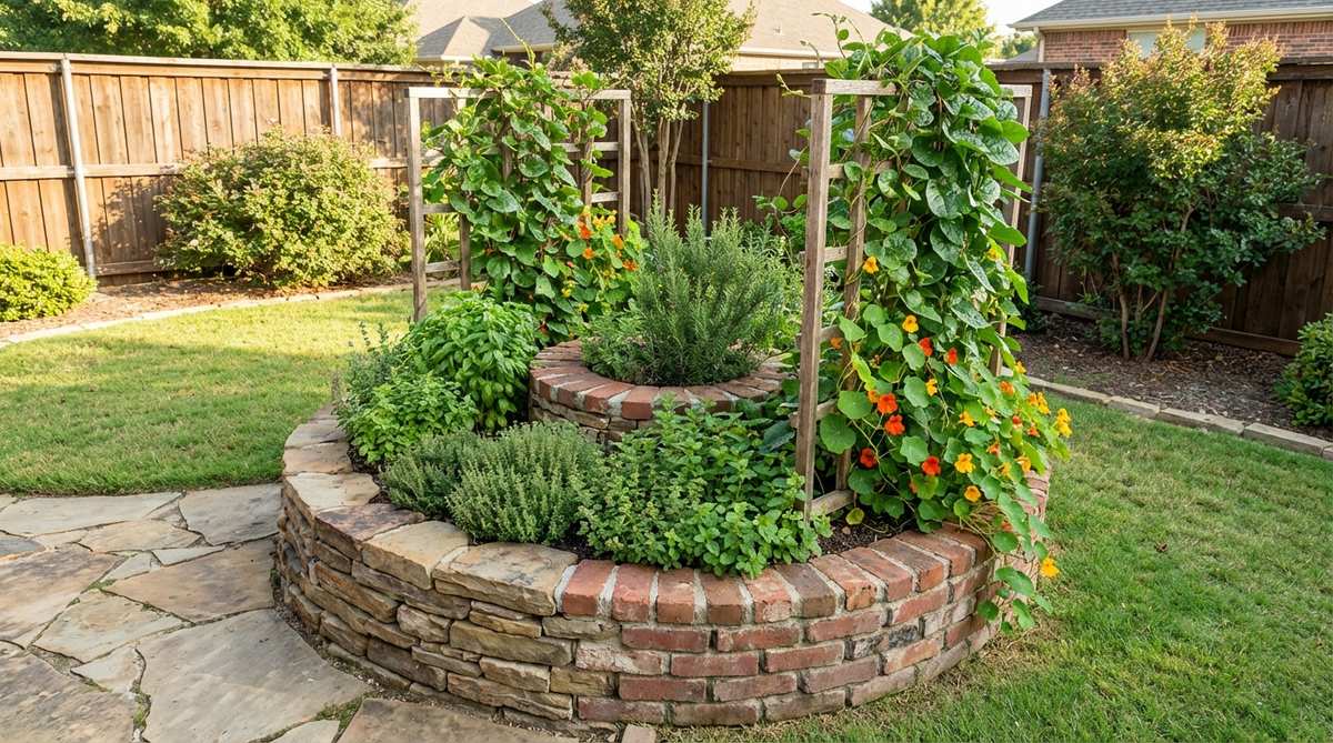 A compact herb spiral garden design featuring vertical trellis elements for climbing plants like Malabar spinach and nasturtiums, built with stacked stone or brick in a small 6-foot diameter space.